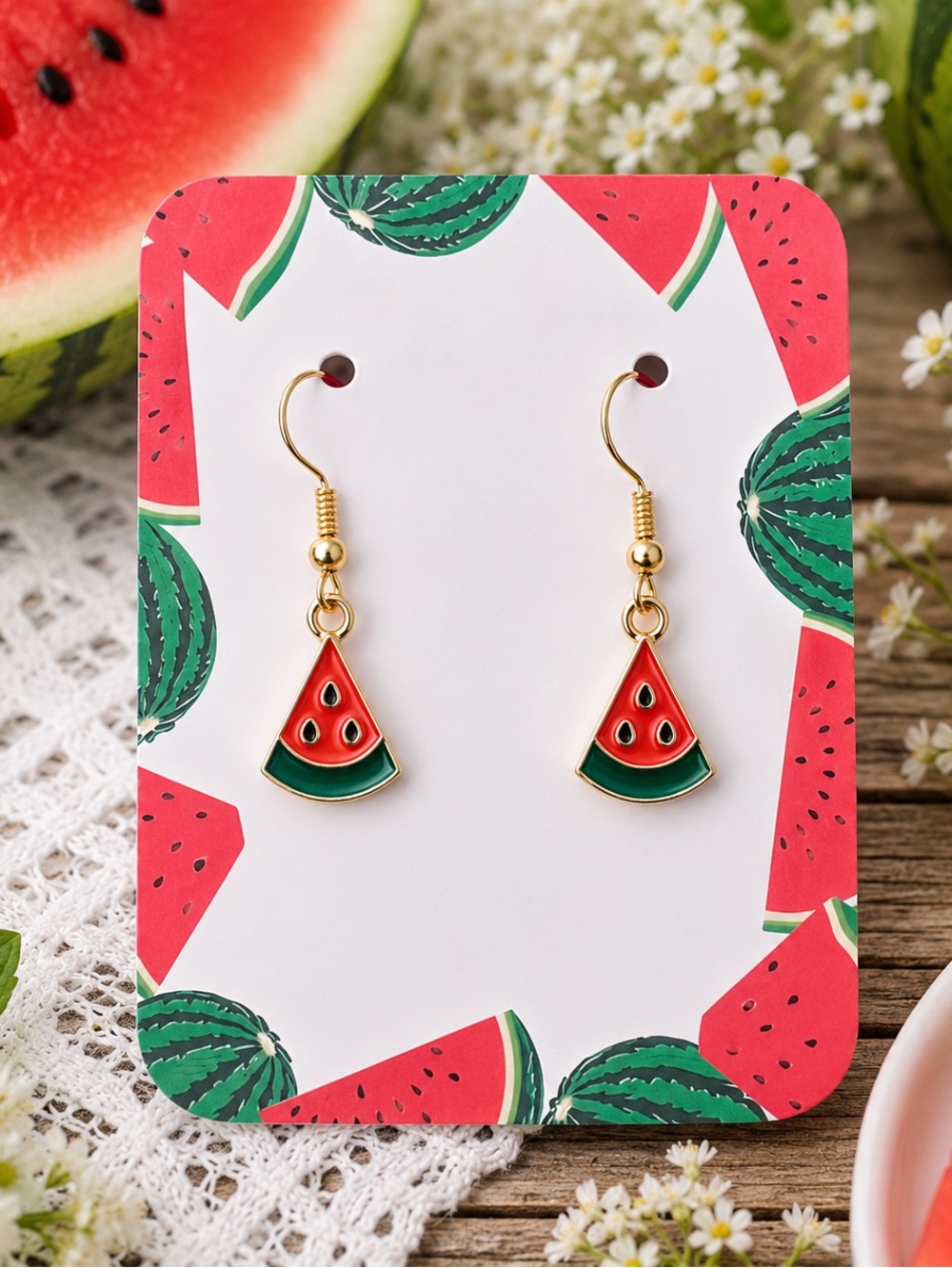 New Handmade Watermelon Slice Dangle Earrings (1.25” l x 0.5” w) (Version 2)
